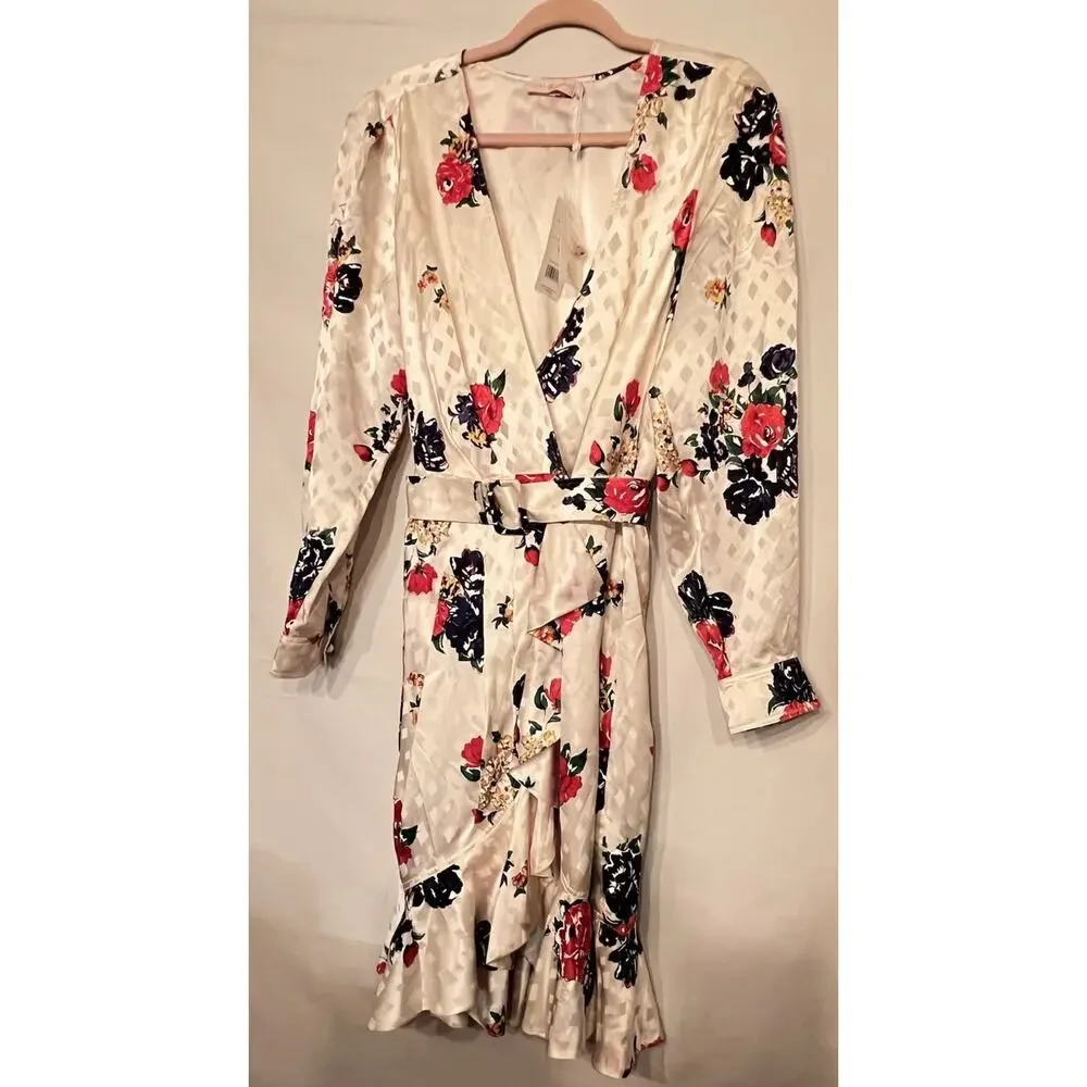 Tory Burch Printed Silk Wrap Dress Ivory Tea Rose Size 8 Floral Luxury Ruffle